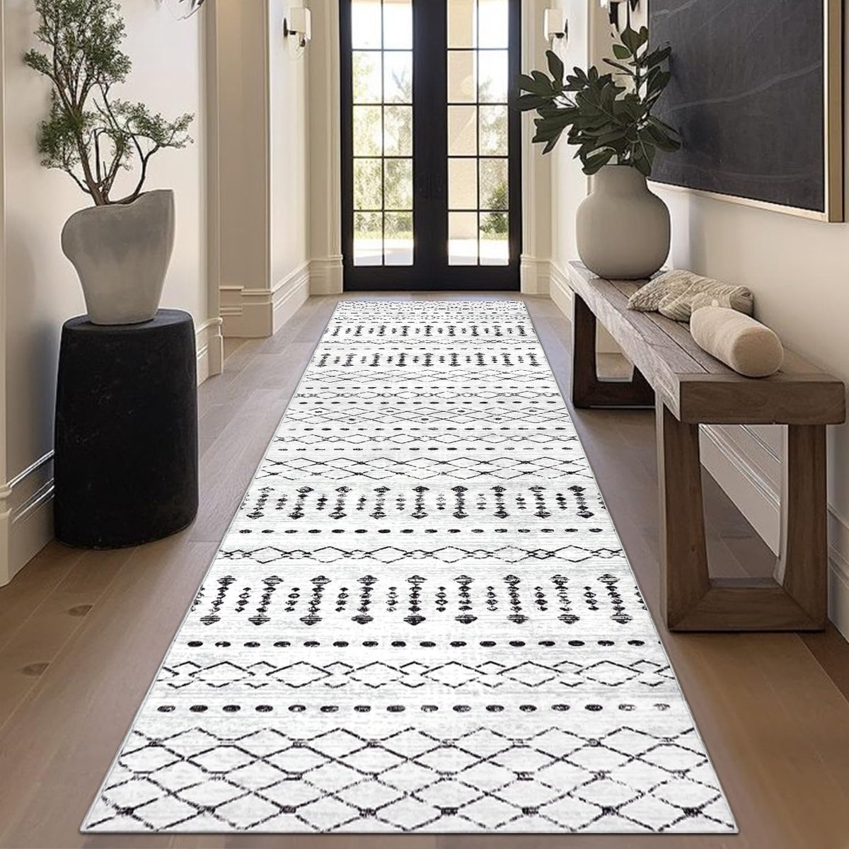 LaMoussawi ® Stijlvolle Wasbare Boho Vloerkleed Loper voor Hal en Woonkamer in Grijs/Wit, 80x300cm